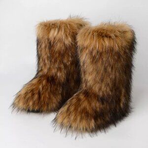 Women's US 5-7 Hot Faux Fur Brown Boots Fuzzy Fluffy Furry Round Toe Winter Snow
